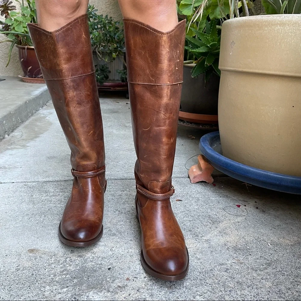 New orange brown Frye grunge leather riding boots